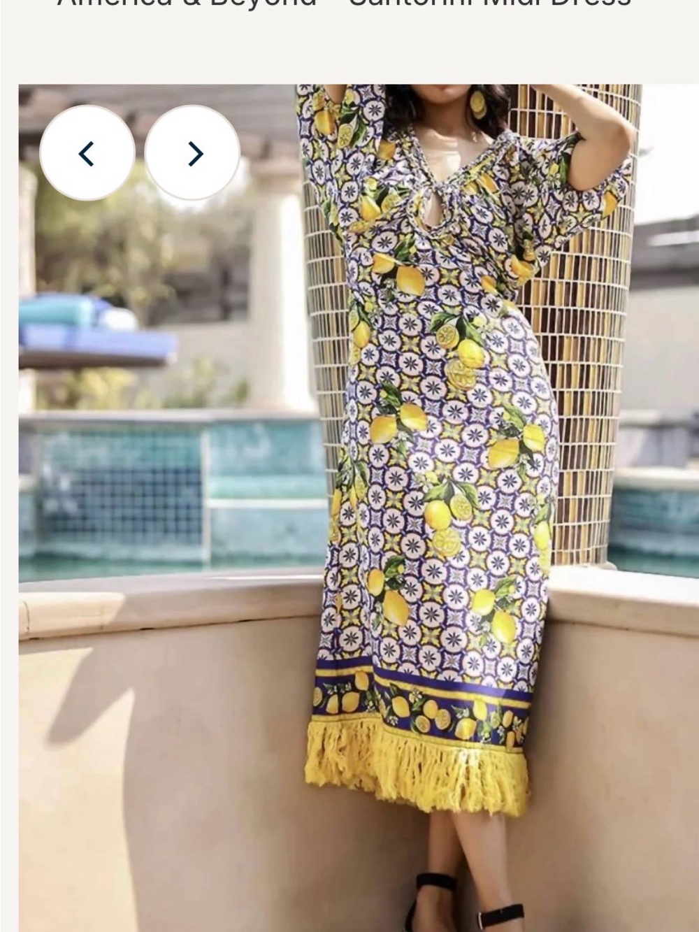 Santorini-Inspired Lemon Print Midi Dress in Yellow & Blue